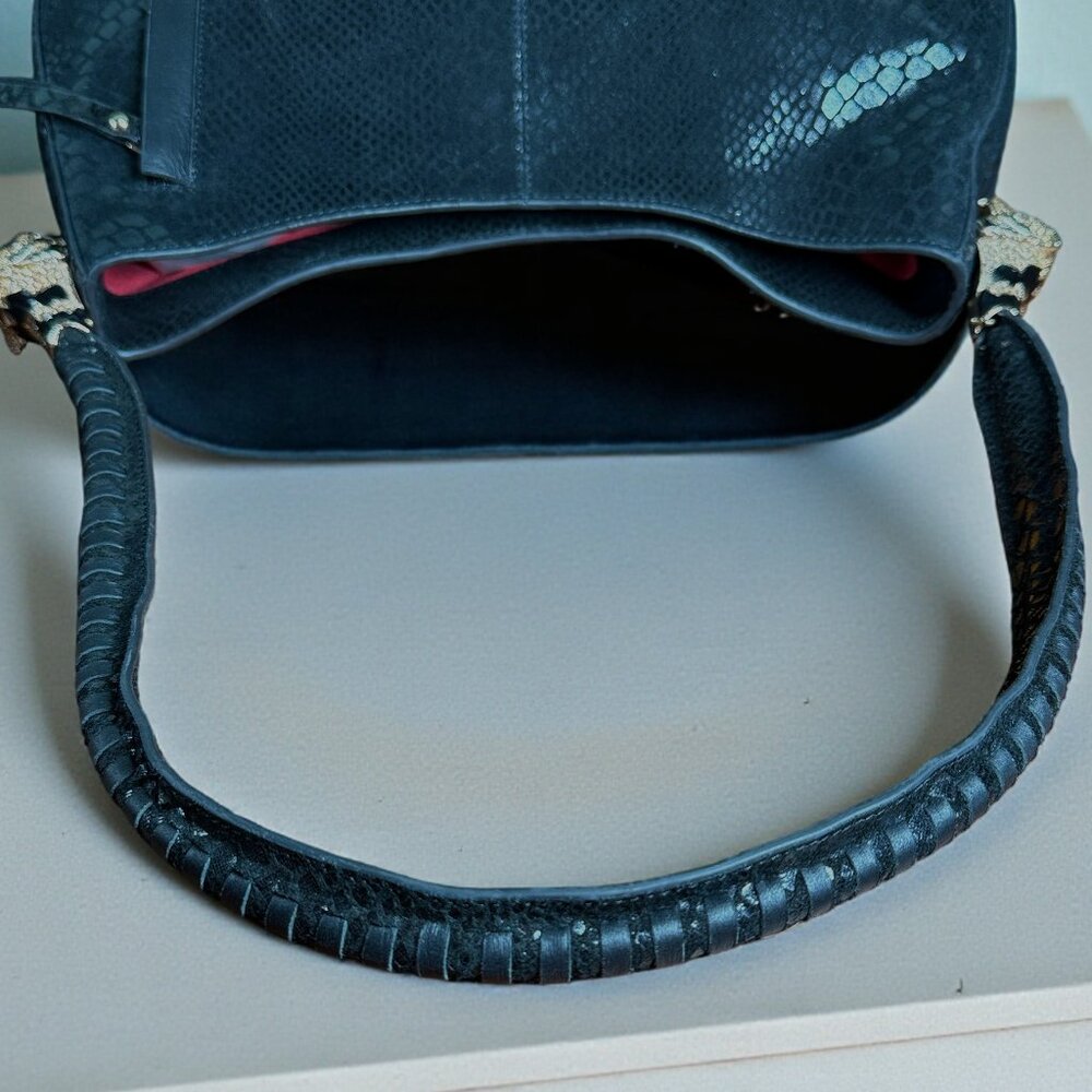 Sharif Suede & Leather Python Embossed Patchwork Gold Tiger Head Shoulder Bag - Picture 16 of 16